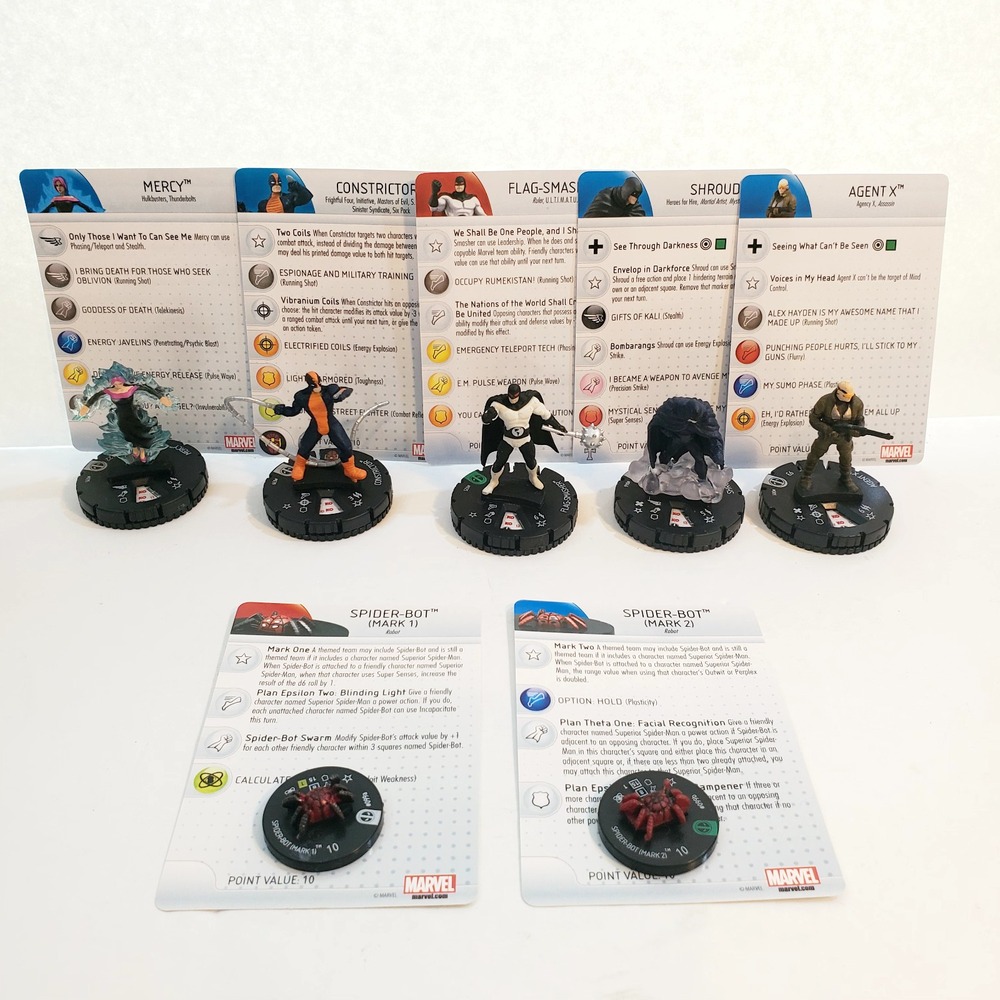 2014 Heroclix Marvel Lot of 7 Deadpool SpiderBot, Agent X, Mercy etc.. w/Cards